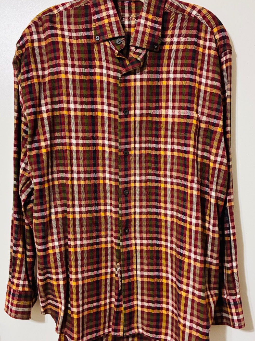 ALAN FLUSSER MENS CASUAL SHIRT SZ L RED/GRN/YELL/BLUE CHECK L/SLVE COTTON